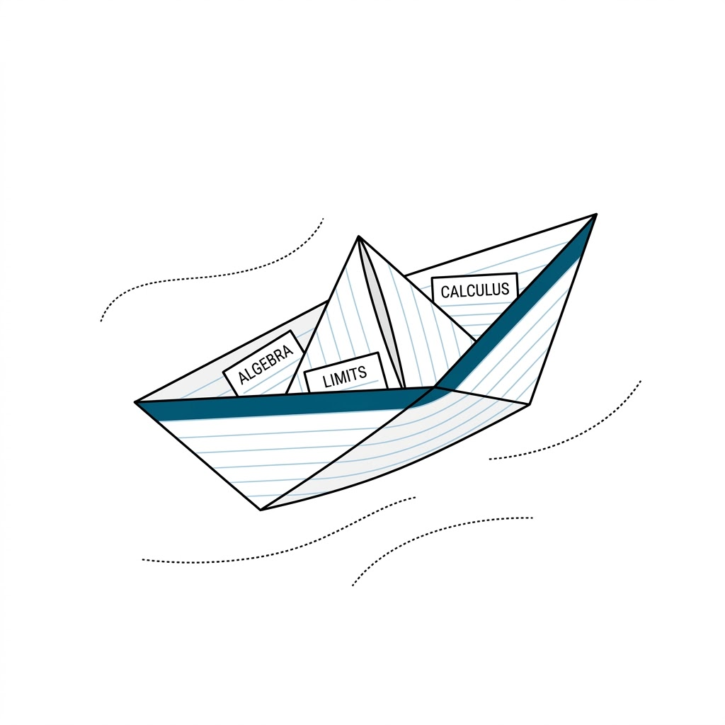 BlueLearn — a paper boat carrying ALGEBRA, LIMITS, and CALCULUS concept cards