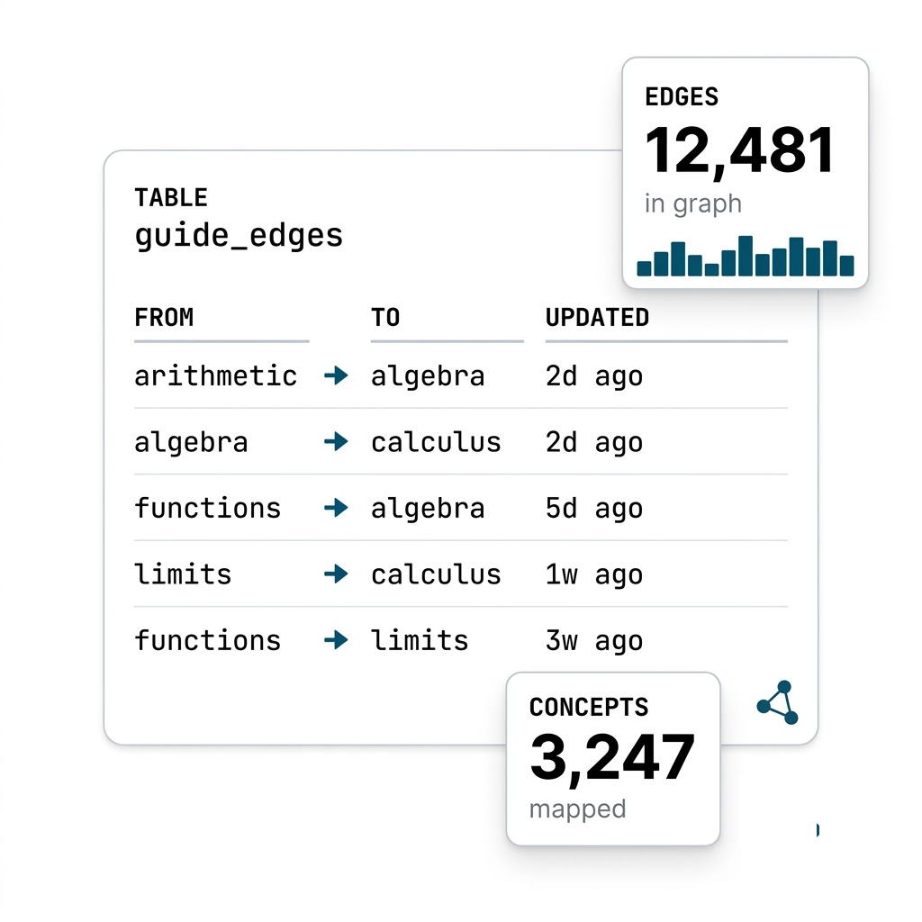 guide_edges table feeding a small directed acyclic graph: arithmetic + limits feed into algebra; algebra and limits feed into calculus
